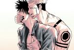  2boys arm_tattoo black_hair black_nails closed_eyes collared_shirt commentary_request covering_mouth crying extra_eyes facial_tattoo fushiguro_megumi fushirun_rung grabbing grabbing_from_behind hand_over_another&#039;s_mouth highres jujutsu_kaisen long_sleeves male_focus multiple_boys muscular muscular_male open_clothes open_mouth open_shirt ryoumen_sukuna_(jujutsu_kaisen) shirt short_hair shoulder_tattoo spiked_hair tattoo tears topless_male undercut yaoi 