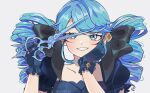  1girl artist_name bangs blue_eyes blue_hair blush bow collarbone drill_hair frilled_gloves frills gloves grin gwen_(league_of_legends) hair_bow hairband hand_on_own_cheek hand_on_own_face highres holding holding_scissors isosceless league_of_legends long_hair oversized_object puffy_short_sleeves puffy_sleeves scar scissors short_sleeves smile smirk solo teeth twin_drills 