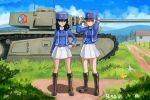  2girls andou_(girls_und_panzer) arl-44 artist_name bangs bc_freedom_(emblem) bc_freedom_military_uniform black_hair blonde_hair blue_eyes blue_headwear blue_jacket blue_vest boots brown_footwear dark-skinned_female dark_skin dnjd15411541 dress_shirt emblem full_body girls_und_panzer ground_vehicle hat high_collar highres jacket kepi long_sleeves looking_at_viewer medium_hair messy_hair military military_hat military_vehicle motor_vehicle multiple_girls oshida_(girls_und_panzer) pleated_skirt shirt skirt smile tank vest white_shirt white_skirt 