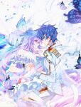  1boy 1girl bug butterfly couple cover cover_page douluo_dalu dress frills hei_zhi_shi holding_hands looking_at_another multicolored_hair official_art pants tang_wutong_(douluo_dalu) thighhighs third-party_source uniform white_dress wings 
