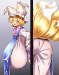  animal_ears blonde_hair breasts dress eyebrows_visible_through_hair fox_ears fox_girl fox_tail gigantic_breasts gradient gradient_background grey_background hat immobilization kitsune kyuubi looking_at_viewer multiple_tails open_mouth pillow_hat restrained short_hair stuck tabard tail through_wall touhou white_dress wildcat_(kusonemi) worried yakumo_ran yellow_eyes 