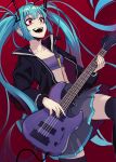  1girl absurdres ahoge alternate_eye_color black_jacket black_legwear blue_hair breasts collarbone crazy_eyes crop_top electric_guitar eximmetry fangs grey_skirt guitar hatsune_miku highres instrument jacket long_hair midriff music open_clothes open_jacket open_mouth playing_instrument pleated_skirt red_background red_eyes simple_background skirt small_breasts solo thighhighs thighs twintails very_long_hair vocaloid 