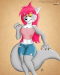  2018 absurd_res anthro black_nose blue_bottomwear blue_clothing blue_pants bottomwear bra breasts brown_body brown_fur canid canine canis clothing domestic_dog english_text eyelashes fangs faye_fletcher female fur glistening glistening_nose gradient_background grey_body grey_fur hair hi_res lightluxcollie long_hair mammal navel orange_background pants pink_bra pink_clothing pink_hair pink_underwear sabertooth_(anatomy) side_view simple_background solo teeth text torn_bottomwear torn_clothing torn_pants underwear watermark white_body white_fur wolf yellow_sclera 