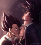  2boys absurdres bangs bara black_gloves black_hair black_jacket blush collared_shirt dragon_ball dragon_ball_z gloves highres jacket large_pectorals licking licking_nipple looking_at_another male_focus multiple_boys muscular muscular_male necktie nipples open_clothes open_mouth open_shirt pectorals saiyan shirt short_hair son_goku spiked_hair tongue tongue_out twitter_username undone_necktie upper_body vegeta whirlydoodle white_shirt yaoi 