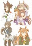  6+girls :d absurdres admire_vega_(umamusume) animal_ears bangs black_jacket bow bowtie brown_eyes brown_hair brown_legwear closed_eyes closed_mouth enonko fine_motion_(umamusume) gloves green_jacket grin hair_ornament headband highres horse_ears horse_girl horse_tail jacket long_hair long_sleeves looking_at_viewer mayano_top_gun_(umamusume) mihono_bourbon_(umamusume) multiple_girls one_eye_closed orange_hair pantyhose polka_dot polka_dot_background purple_bow purple_bowtie school_uniform short_sleeves silence_suzuka_(umamusume) skirt smart_falcon_(umamusume) smile tail teenage twintails umamusume white_background white_gloves white_jacket white_skirt yellow_eyes 