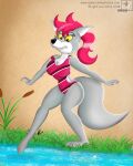  2018 absurd_res anthro black_nose breasts brown_body brown_fur butt claws clothing english_text eyelashes fangs faye_fletcher female fluffy fluffy_tail fur glistening glistening_hair glistening_nose gradient_background grass grey_body grey_fur hair hi_res lightluxcollie long_tail looking_down nervous orange_background pattern_clothing pink_clothing pink_hair pink_swimwear plant ponytail reeds sabertooth_(anatomy) side_view simple_background solo striped_clothing stripes swimwear teeth text water white_body white_fur yellow_sclera 