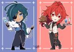  2boys bangs black_shirt blue_background blue_eyes blue_hair burger chibi closed_mouth dark-skinned_male dark_skin diluc_(genshin_impact) earrings eyepatch fingerless_gloves food formal genshin_impact glasses gloves hair_between_eyes holding jewelry juice kaeya_(genshin_impact) long_hair long_sleeves meat multiple_boys necktie open_mouth pants plate ponytail red_background red_eyes red_hair shirt shoes signature simple_background smile suit translation_request vest vision_(genshin_impact) yuu_(mboj_fdk) 