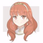  1girl bare_shoulders blush celica_(fire_emblem) chocomiru choker closed_mouth detached_collar earrings fire_emblem fire_emblem_echoes:_shadows_of_valentia fire_emblem_heroes gold_trim headshot jewelry looking_at_viewer lowres medium_hair princess red_eyes red_hair sketch smile solo tiara upper_body 