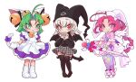  3girls ahoge animal_ears animal_hands animal_hat back_bow bag bangs bat_wings bell blush bow braid cat_ears cat_hat cat_tail chibi closed_mouth covered_mouth dejiko demon_tail di_gi_charat dress earrings footwear_bow frills gloves green_eyes green_hair hair_bell hair_bow hair_ornament hat hexagram highres holding holding_phone holding_wand isosceless jester_cap jewelry long_hair long_sleeves magical_girl maid mayura medium_dress medium_hair multiple_girls nakahara_komugi nurse_cap nurse_witch_komugi-chan open_mouth parted_bangs patterned_legwear paw_gloves paw_shoes phone pink_hair plaid plaid_skirt pleated_skirt puffy_short_sleeves puffy_sleeves purple_eyes rabbit_ears red_eyes short_sleeves short_twintails skirt smile star_(symbol) tail tail_bow tail_ornament thighhighs twintails ukagaka wand white_hair wings zettai_ryouiki 