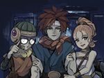  1boy 2girls belt blue_tunic bracelet choker chrono_trigger crono_(chrono_trigger) derivative_work dress glasses green_eyes headband helmet highres holding_another&#039;s_arm jewelry long_sleeves lucca_ashtear marle_(chrono_trigger) multiple_girls neckerchief orange_hair orange_neckerchief orange_tunic pointing ponytail purple_hair red_hair short_hair short_sleeves spiked_hair strapless strapless_dress upper_body uzutanco white_dress white_headband 