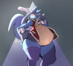  absurd_res anthro baseball_bat bat_(object) belly big_belly big_breasts big_hands breasts clothing digital_media_(artwork) doncogneetoe emanata female female_pred hand_on_hip hi_res jacket looking_at_viewer lucario navel nintendo oral_vore pok&eacute;mon pok&eacute;mon_(species) red_eyes smoking solo thick_thighs topwear video_games vore 