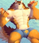  abs anthro barrel_(live-a-hero) bottomwear canid canine canis clothing eating food hi_res hot_dog hyenaboi_(artist) lifewonders live-a-hero male mammal muscular muscular_anthro muscular_male nipples pecs shorts solo swimwear video_games water wolf 