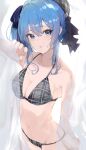 1girl absurdres alternate_breast_size bare_arms bikini blue_eyes blue_hair breasts cleavage curtains duplicate eyebrows_visible_through_hair grey_bikini grey_headwear hair_between_eyes hair_ribbon halterneck hand_up highres hololive hoshimachi_suisei large_breasts long_hair looking_at_viewer navel parted_lips pixel-perfect_duplicate plaid plaid_bikini plaid_headwear ribbon solo stomach swimsuit virgo76612871 virtual_youtuber 