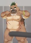  anthro bottomless brown_body brown_fur canid canine canis clothed clothing clothing_lift convenient_censorship domestic_dog fupa fur green_hair hair lifewonders male mammal musclegut muscular_arms muscular_legs natsuhakoura nipples pecs scar shirt shirt_lift solo tokyo_afterschool_summoners topknot topwear video_games yasuyori 