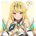  1girl absurdres artist_name bangs bare_shoulders blonde_hair border breasts cleavage closed_mouth commentary_request earrings facing_viewer heart highres jewelry large_breasts looking_at_viewer mythra_(xenoblade) ryochan96154 simple_background smile solo spoken_heart swept_bangs tiara upper_body xenoblade_chronicles_(series) xenoblade_chronicles_2 yellow_background yellow_eyes 