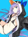  1girl absurdres animal_hood bangs bare_shoulders bikini black_bikini black_jacket blue_bow blue_eyes blush bow breasts choker collarbone fate/grand_order fate_(series) haimura_kiyotaka highres hood hood_up jacket long_hair long_sleeves looking_at_viewer meltryllis_(fate) meltryllis_(swimsuit_lancer)_(fate) penguin_hood prosthesis prosthetic_leg purple_hair sleeves_past_fingers sleeves_past_wrists small_breasts swimsuit thighs very_long_hair 