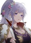  1girl earrings fire_emblem fire_emblem:_genealogy_of_the_holy_war fire_emblem_heroes flower hair_flower hair_ornament highres ishtar_(fire_emblem) jewelry looking_at_viewer necklace pana_(87) ponytail purple_eyes purple_hair simple_background solo 