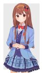  1girl :o blue_jacket blush bow bowtie commentary_request highres idol idolmaster idolmaster_million_live! interlocked_fingers jacket looking_at_viewer own_hands_together petticoat plaid plaid_skirt red_bow red_bowtie red_eyes red_hair shishiodoshi simple_background skirt solo tanaka_kotoha two-tone_background 