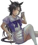  1girl air_shakur_(umamusume) animal_ears bangs black_hair bow cellphone clenched_teeth eyebrow_piercing hagioshi highres holding holding_phone horse_ears horse_girl horse_tail invisible_chair long_hair orange_eyes phone piercing sailor_collar school_uniform serafuku short_sleeves simple_background sitting skirt smartphone solo tail teeth thighhighs tracen_school_uniform umamusume white_background white_legwear white_skirt 