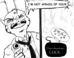  anthro bodily_fluids clothed clothing crying dialogue digital_media_(artwork) disney english_text fungus gun holding_gun holding_object holding_weapon jack_savage jonsthaman lagomorph leporid mammal monochrome mushroom necktie rabbit ranged_weapon shirt speech_bubble tears teeth text topwear weapon what zootopia 