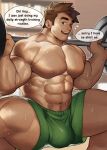  1boy abs alex_(stardew_valley) bara barbell brown_hair bulge exercise green_eyes green_shorts highres large_pectorals looking_at_viewer male_focus muscular muscular_male navel nipples open_mouth pectorals ruisselait short_hair shorts smile solo squatting stardew_valley sweat sweatdrop thick_thighs thighs topless_male weightlifting 
