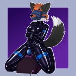  1:1 anthro bdsm blindfold bodysuit bondage bound breasts bulge canid canine canis clothed clothing digital_media_(artwork) dutchsyndicalist fox fur gag gagged hi_res hybrid latex lock_bulge mammal null_bulge rubber sex_toy simple_background skinsuit solo submissive sybian tight_clothing trans_(lore) trans_woman_(lore) wolf 