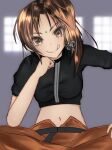  1girl animification apex_legends bangs belt black_belt breasts brown_eyes brown_hair brown_pants brown_shirt clenched_hand eyebrow_cut hand_on_own_knee head_tilt licking_lips medium_breasts midriff navel pants rampart_(apex_legends) shirt smile solo tongue tongue_out yuito_nineteen 