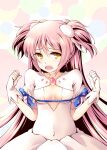  1girl artist_name blue_ribbon blush bow breasts choker cleavage cleavage_cutout clothing_cutout dress gloves hair_bow hands_up highres hikaru_310 kaname_madoka long_hair looking_at_viewer mahou_shoujo_madoka_magica medium_breasts open_mouth parody pink_hair rei_no_himo ribbon solo trait_connection twitter_username two_side_up ultimate_madoka upper_body white_bow white_choker white_dress white_gloves yellow_eyes 