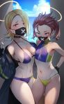  2girls artist_name bare_shoulders bikini black_gloves black_jacket blonde_hair blue_archive blue_bikini blue_sky blush breast_press breasts cameltoe choker cloud collarbone commentary_request covered_nipples day earrings fingerless_gloves gloves hair_tie halo hand_up highres jacket jewelry looking_at_viewer mask medium_breasts mouth_mask multiple_girls navel off_shoulder ok_sign red_hair seaside_sukeban_(mg)_(blue_archive) seaside_sukeban_(smg)_(blue_archive) short_hair side_ponytail sky small_breasts spiked_choker spiked_gloves spikes standing stomach swimsuit tan tanlines udaruyo 