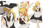  2girls absurdres apron bangs black_headwear black_skirt black_vest blonde_hair blush braid commentary_request esthoric fang flandre_scarlet frilled_apron frilled_hat frills grin hair_ribbon hand_on_hip happy hat highres kirisame_marisa long_hair looking_at_viewer mob_cap multiple_girls one_eye_closed one_side_up open_mouth puffy_short_sleeves puffy_sleeves red_footwear ribbon short_sleeves single_braid skin_fang skirt smile sweatdrop torn_clothes torn_sleeves touhou tress_ribbon uneven_eyes vest waist_apron white_apron white_ribbon witch_hat 