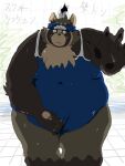  3:4 accessory anthro belly canid canine clothing covering covering_self embarrassed headband japanese_text lifewonders live-a-hero male mammal one-piece_swimsuit overweight raccoon_dog shoen solo swimwear tanuki text video_games wagyumao 