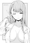  1girl blush breasts commentary_request dated greyscale highres kichihachi large_breasts long_hair looking_at_viewer monochrome one_eye_closed open_clothes open_shirt original solo twitter_username upper_body 