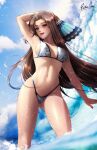  1girl bikini blue_sky breasts brown_hair cloud eiyuu_densetsu english_commentary esther_shen folding_fan hair_intakes hand_fan highleg highleg_bikini highleg_swimsuit long_hair medium_breasts mole mole_under_eye purple_eyes sen_no_kiseki sky solo standing swimsuit vita_clotilde white_bikini 