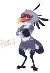  accipitriform annoyed anthro avian beak bird bottomwear breasts chibi clothed clothing colored_claws diesel_wiesel digital_media_(artwork) feather_hands feathered_crest feathers female full-length_portrait grey_body grey_bottomwear grey_clothing grey_feathers grey_shorts grey_tube_top head_crest hi_res midriff multicolored_body multicolored_feathers orange_beak orange_talons portrait purple_eyes ridos_(primonyr) secretary_bird shorts simple_background small_breasts solo standing talons 