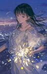  1girl absurdres bangs beach black_hair blue_dress blue_eyes blue_sky dress fireworks frilled_dress frills highres holding_fireworks lace_dress long_hair night ocean original sann sky solo wind 