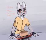  2022 anthro bread canid canine clothed clothing dialogue digital_media_(artwork) enginetrap english_text female food fox fully_clothed grey_background hi_res looking_at_viewer mammal question simple_background solo text 