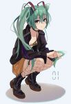  1girl absurdres aqua_hair bangs black_footwear black_jacket blue_eyes boots breasts clothes_around_waist collarbone commentary_request cross-laced_footwear eximmetry eyebrows_visible_through_hair gold_bra hair_between_eyes hatsune_miku highres jacket long_hair looking_at_viewer open_clothes open_jacket playing_with_own_hair shirt shirt_around_waist simple_background small_breasts solo squatting twintails very_long_hair vocaloid white_background 