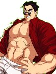  1boy 239_239 abs absurdres bara bare_pectorals black_hair collared_shirt hand_on_hip helltaker helltaker_(character) highres large_pectorals male_focus muscular muscular_male navel nipples open_clothes open_shirt pants pectorals red_shirt round_eyewear shirt short_hair smile solo sunglasses teeth thick_eyebrows white_pants 