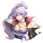  1girl armor breasts burnt_green_tea cape choker earrings fire_emblem fire_emblem:_genealogy_of_the_holy_war fire_emblem_heroes hair_ornament highres ishtar_(fire_emblem) jewelry pauldrons ponytail purple_eyes purple_hair shoulder_armor upper_body 