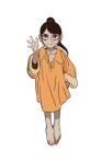  1girl barefoot black_eyes black_hair child closed_mouth eyeshadow full_body hand_in_pocket hand_up highres looking_at_viewer makeup mossacannibalis orange_shirt original oversized_clothes oversized_shirt ponytail shirt simple_background smile solo waving white_background 