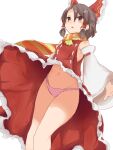  1girl ascot bangs benikurage_(cookie) blush bow brown_eyes brown_hair clothes_lift cookie_(touhou) detached_sleeves dress dress_lift feet_out_of_frame frilled_bow frills hair_bow hakurei_reimu highres looking_afar navel open_mouth orange_scarf panties parted_bangs pink_panties red_bow red_dress scarf short_hair simple_background sleeveless sleeveless_dress solo touhou underwear white_background white_sleeves wind wind_lift yellow_ascot yellow_scarf yumekamaborosh 