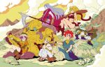  3girls ayla_(chrono_trigger) belt bike_shorts blonde_hair blue_eyes breasts chrono_trigger closed_mouth cloud crono_(chrono_trigger) curly_hair frog_(chrono_trigger) full_body glasses headband helmet highres jewelry long_hair lucca_ashtear magus_(chrono_trigger) mai_iwaizumi marle_(chrono_trigger) medium_hair mountain multiple_boys multiple_girls necklace ponytail purple_hair red_hair robo_(chrono_trigger) robot scarf short_hair smile spiked_hair sword weapon 