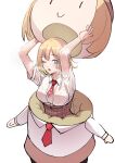  1girl absurdres arms_up blonde_hair blue_eyes bob_cut breath collar collared_shirt costume hair_between_eyes highres hololive hololive_english hosto necktie one_eye_closed open_mouth shirt short_sleeves simple_background smol_ame steam sweat sweaty_clothes upper_body virtual_youtuber watson_amelia watson_amelia_(1st_costume) white_background 