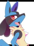  ahirulion anthro biped blue_body blush canid canine chest_spike facial_markings head_markings looking_at_viewer lucario mammal markings mask_(marking) nintendo open_mouth pok&eacute;mon pok&eacute;mon_(species) red_eyes simple_background solo spikes spikes_(anatomy) tongue tongue_out video_games 