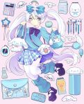  1girl :3 arms_up artist_name bag bangs blue_eyes bow bow_legwear cinnamoroll closed_mouth collared_shirt gyaru hair_bow hair_ornament hairclip highres holding holding_bag humanization isosceless leg_warmers long_hair long_sleeves looking_to_the_side makeup mary_janes milk_carton miniskirt plaid plaid_skirt platform_footwear pleated_skirt sanrio shirt shoes shoulder_bag skirt sleeves_past_wrists smile solo standing standing_on_one_leg stationery sweater thermos thighhighs twintails very_long_hair white_hair wing_hair_ornament zettai_ryouiki 