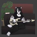  anthro arm_hair barefoot bass_guitar black_hair body_hair bottomwear cadaverrdog canid canine canis chest_hair clothing denim denim_clothing domestic_dog ear_piercing ear_ring eyebrow_piercing facial_hair facial_piercing feet fur furniture gio_(cadaverrdog) grey_body grey_fur guitar hair hair_over_eye half-closed_eyes hi_res house_plant jeans jewelry long_hair male mammal muscle_tone muscular muscular_anthro muscular_male musical_instrument narrowed_eyes necklace on_sofa one_eye_obstructed pants pecs piercing plucked_string_instrument shirt sideburns simple_background sitting sitting_on_sofa sofa solo string_instrument t-shirt topwear white_body white_fur 