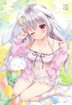  1girl ;) ameto_yuki animal animal_ears artist_name bangs blurry blurry_foreground blush bunny closed_mouth commentary_request crescent crescent_hair_ornament depth_of_field dress easter_egg egg eyebrows_visible_through_hair flower grey_hair hair_between_eyes hair_flower hair_ornament head_tilt highres jacket long_hair no_shoes off_shoulder one_eye_closed open_clothes open_jacket original panties pink_flower pink_jacket rabbit_ears rabbit_girl rabbit_tail red_eyes see-through smile socks solo strap_slip striped striped_legwear tail tulip underwear very_long_hair white_dress white_flower white_panties yellow_flower 