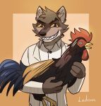  anthro avian bird black_body black_eyes black_feathers brown_body brown_fur canid canine canis chicken clothed clothed_male clothing dreamworks duo feathers feral fur galliform gallus_(genus) grin hand_on_body hi_res holding_(disambiguation) holding_another humor ledrixon male mammal mr._wolf_(the_bad_guys) multicolored_body multicolored_feathers phasianid pun simple_background smile suit the_bad_guys ticolored visual_pun white_clothing wolf yellow_sclera 