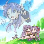  1girl arthur_(fire_emblem) artist_name byakkos fire_emblem fire_emblem:_genealogy_of_the_holy_war fire_emblem_heroes highres ishtar_(fire_emblem) larcei_(fire_emblem) one_eye_closed purple_hair scathach_(fire_emblem) sky tears tine_(fire_emblem) twitter_username 