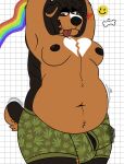  absurd_res anthro bodily_fluids breasts canid canine canis clothing domestic_dog erection genital_fluids hi_res male mammal mastiff molosser nipples overweight overweight_male rottweiler simple_background smile solo sstinkies 